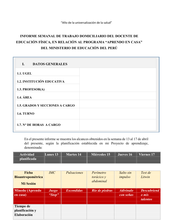 I.E. SAN RAMÓN FORMATO SUGERIDO DE INFOR. SEMANAL E.F.