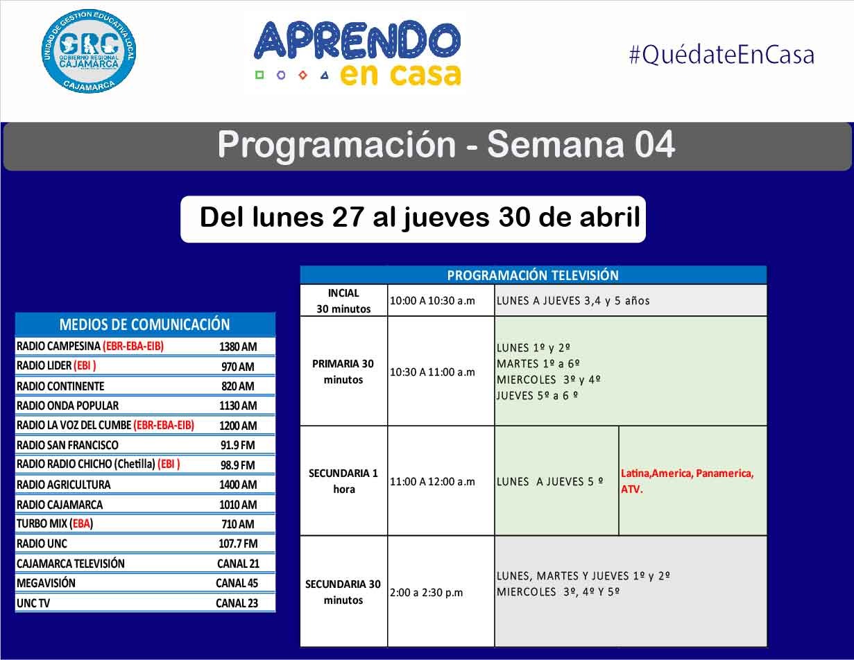 Programación para la semana 04 de aprendo en casa de televisión.