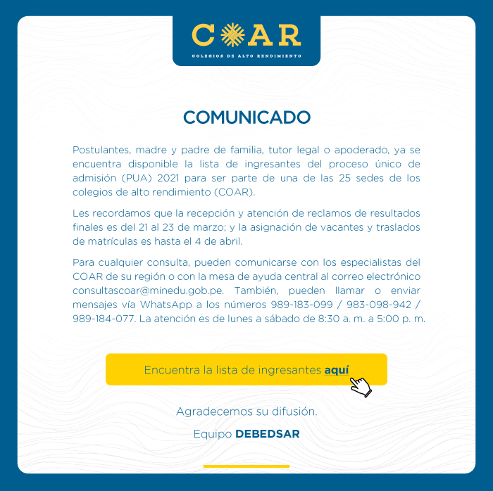 INGRESANTES AL COLEGIO DE ALTO RENDIMIETO COAR -2021