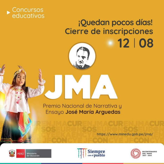 Demuestra tu talento creando y mostrando tu propia historia basada en las obras de José María Arguedas. Directores de IIEE de los niveles de primaria y secundaria EBR – EBA del ámbito de influencia de UGEL Cajamarca, se les recuerda que, quedan pocos días para inscribir a tu IE y participar en el Premio Nacional de Narrativa y Ensayo José María Arguedas 2022