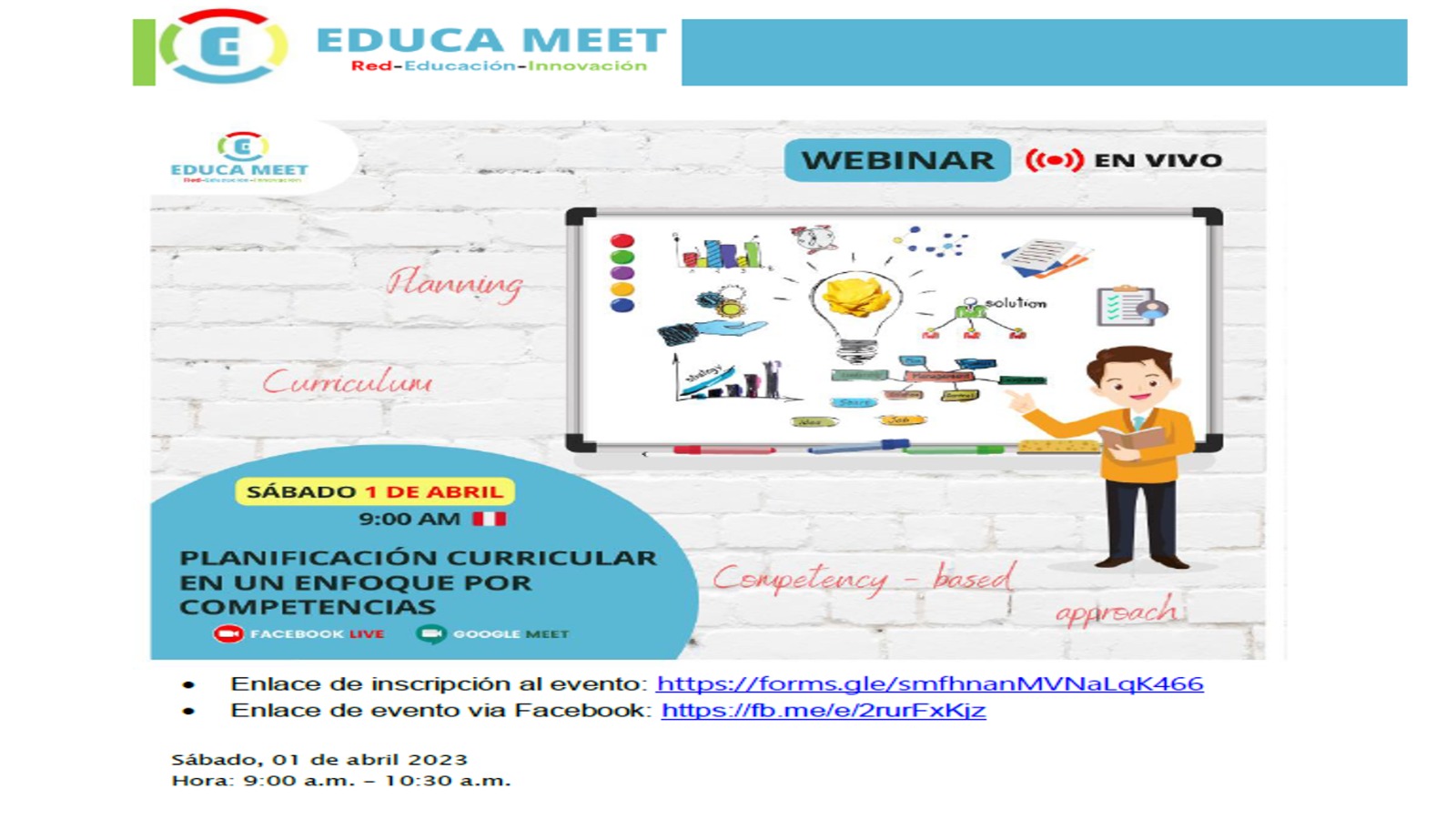 Estimados directores y docentes del ámbito de la UGEL Cajamarca EDUCA NET, en coordinación con la UGEL-Cajamarca invitan a participar del webinar: Planificación Curricular en un Enfoque por Competencias»